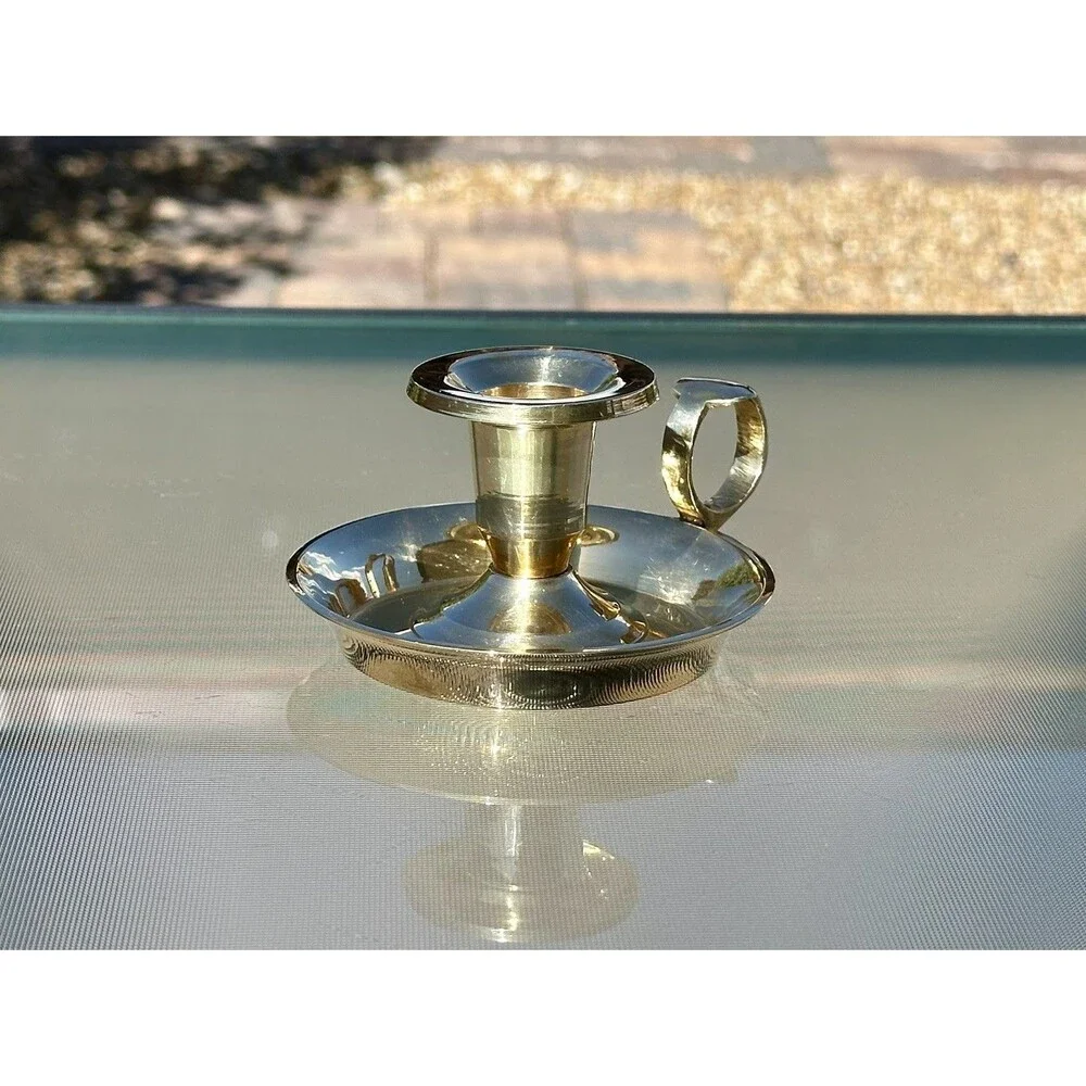 Solid Brass Chamberstick Candle Holder Finger Loop Drip Pan Made In India